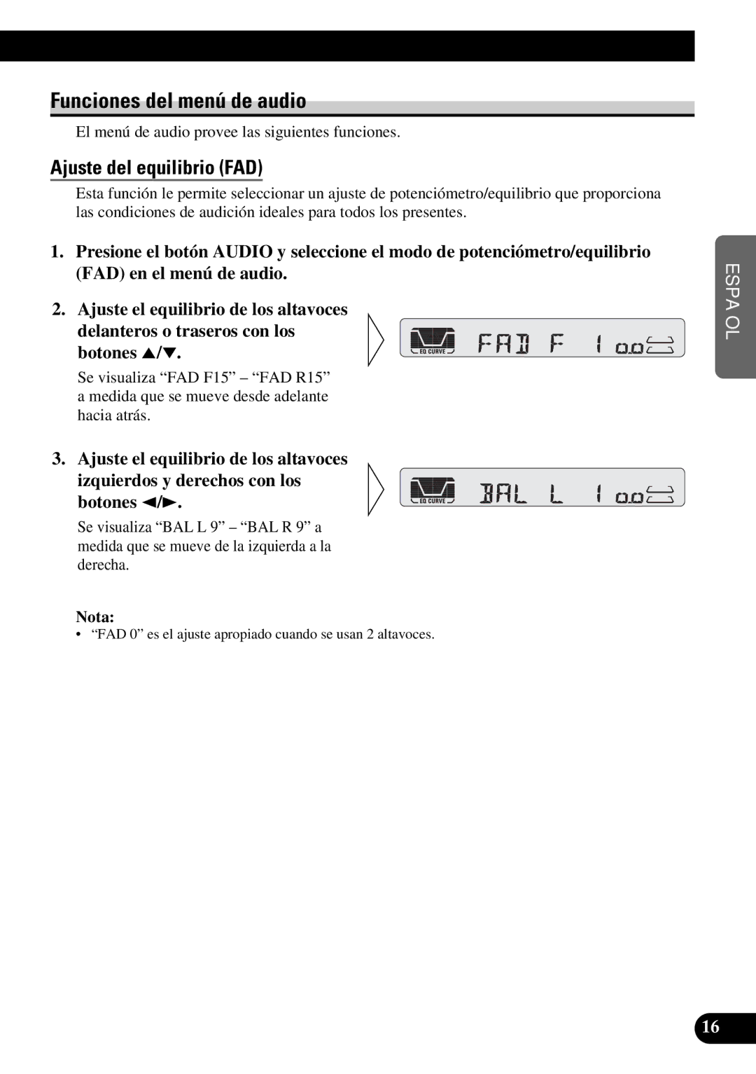 Pioneer KEH-P4950 operation manual Funciones del menú de audio, Ajuste del equilibrio FAD 