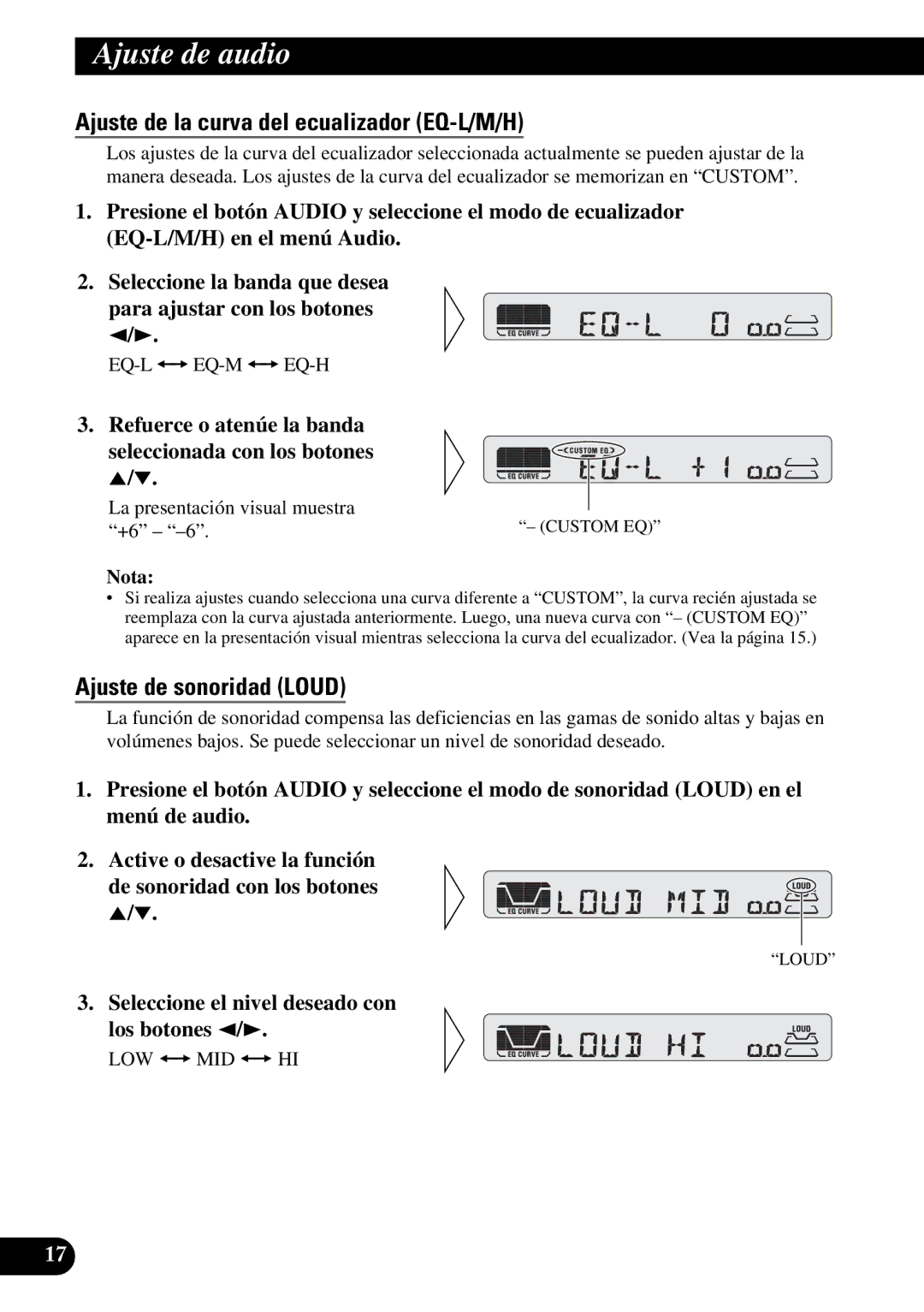 Pioneer KEH-P4950 operation manual Ajuste de la curva del ecualizador EQ-L/M/H, Ajuste de sonoridad Loud 