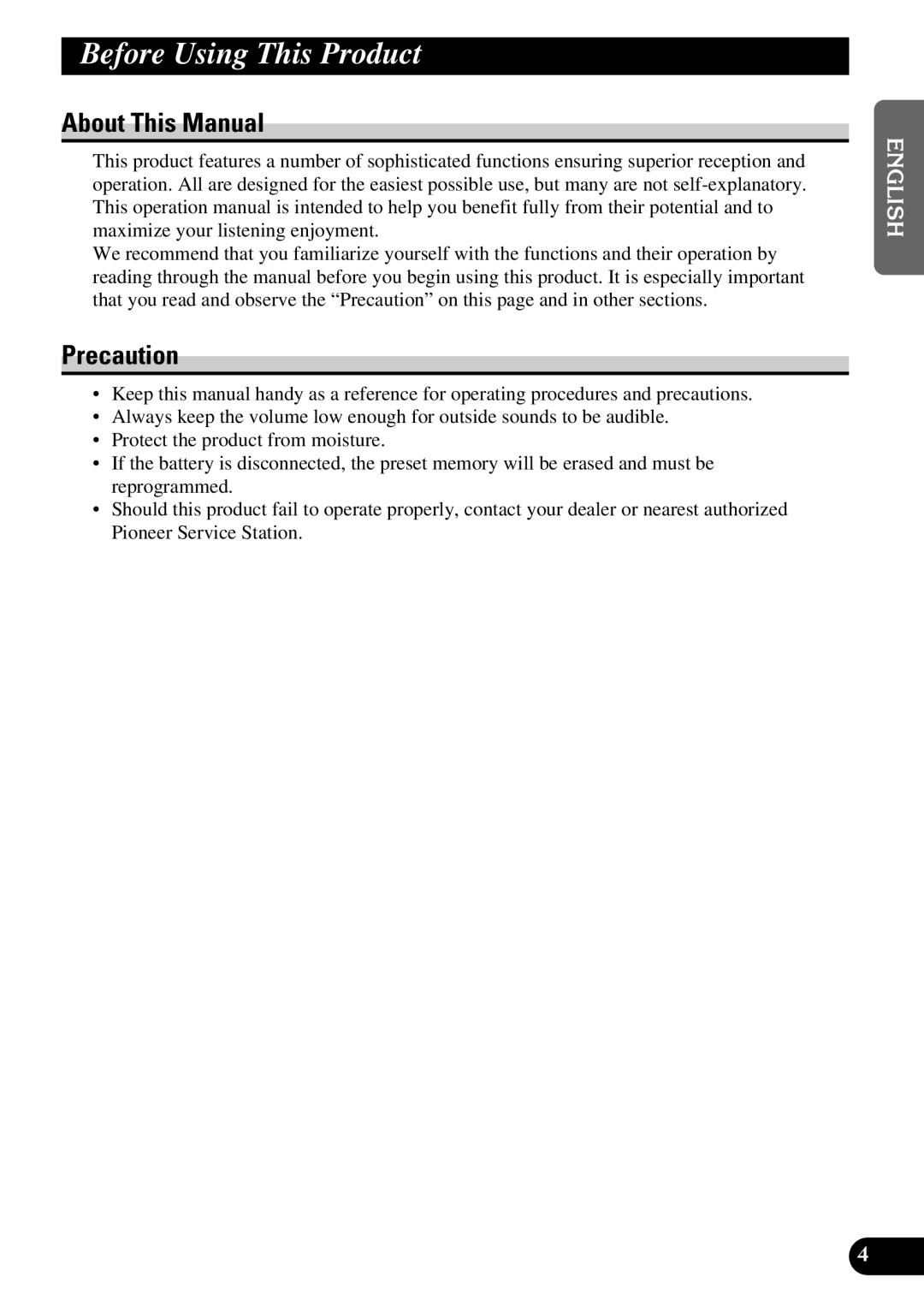 Pioneer KEH-P4950 operation manual Before Using This Product, About This Manual, Precaution 