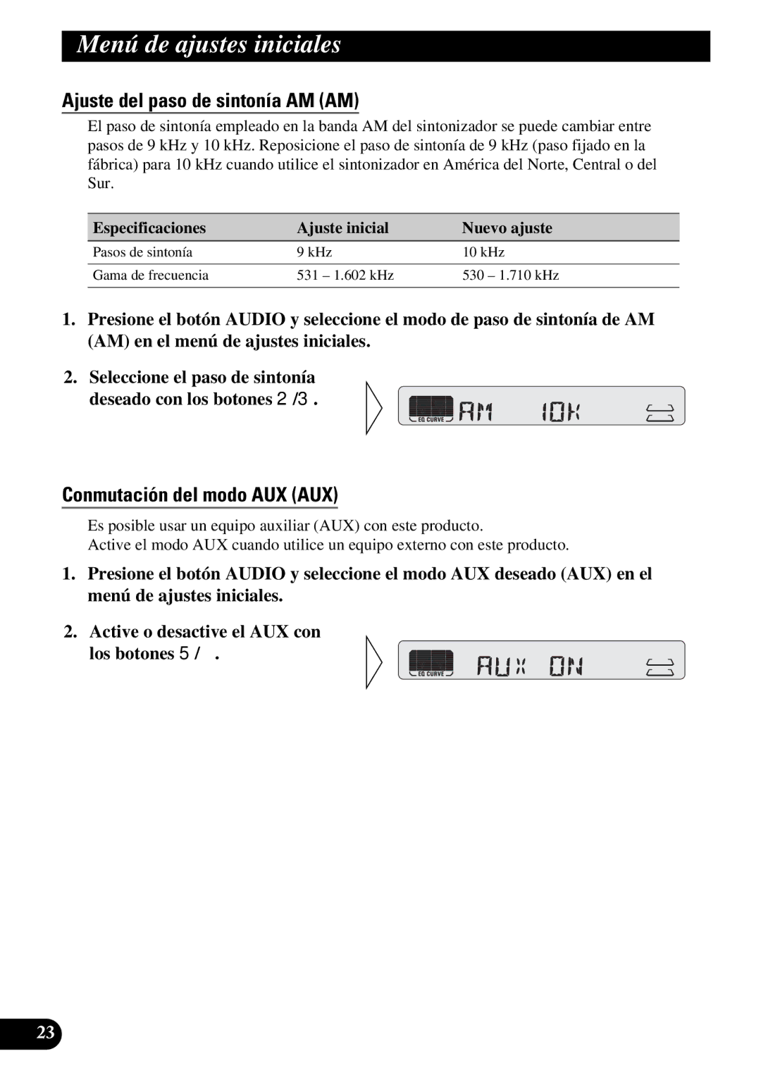 Pioneer KEH-P4950 operation manual Ajuste del paso de sintonía AM AM, Conmutación del modo AUX AUX 