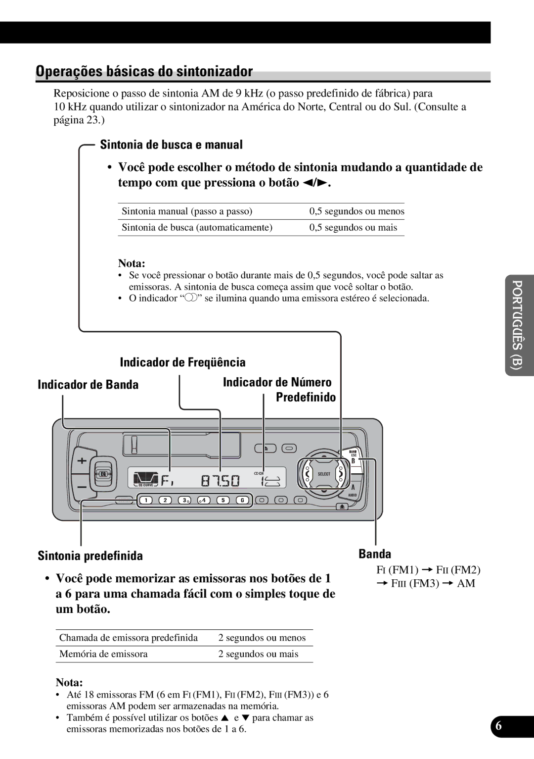 Pioneer KEH-P4950 operation manual Operações básicas do sintonizador, Sintonia de busca e manual, Indicador de Freqüência 