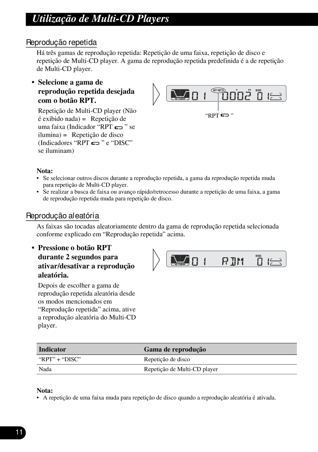 Pioneer KEH-P4950 operation manual Utilização de Multi-CD Pla yers, Reprodução aleatória 