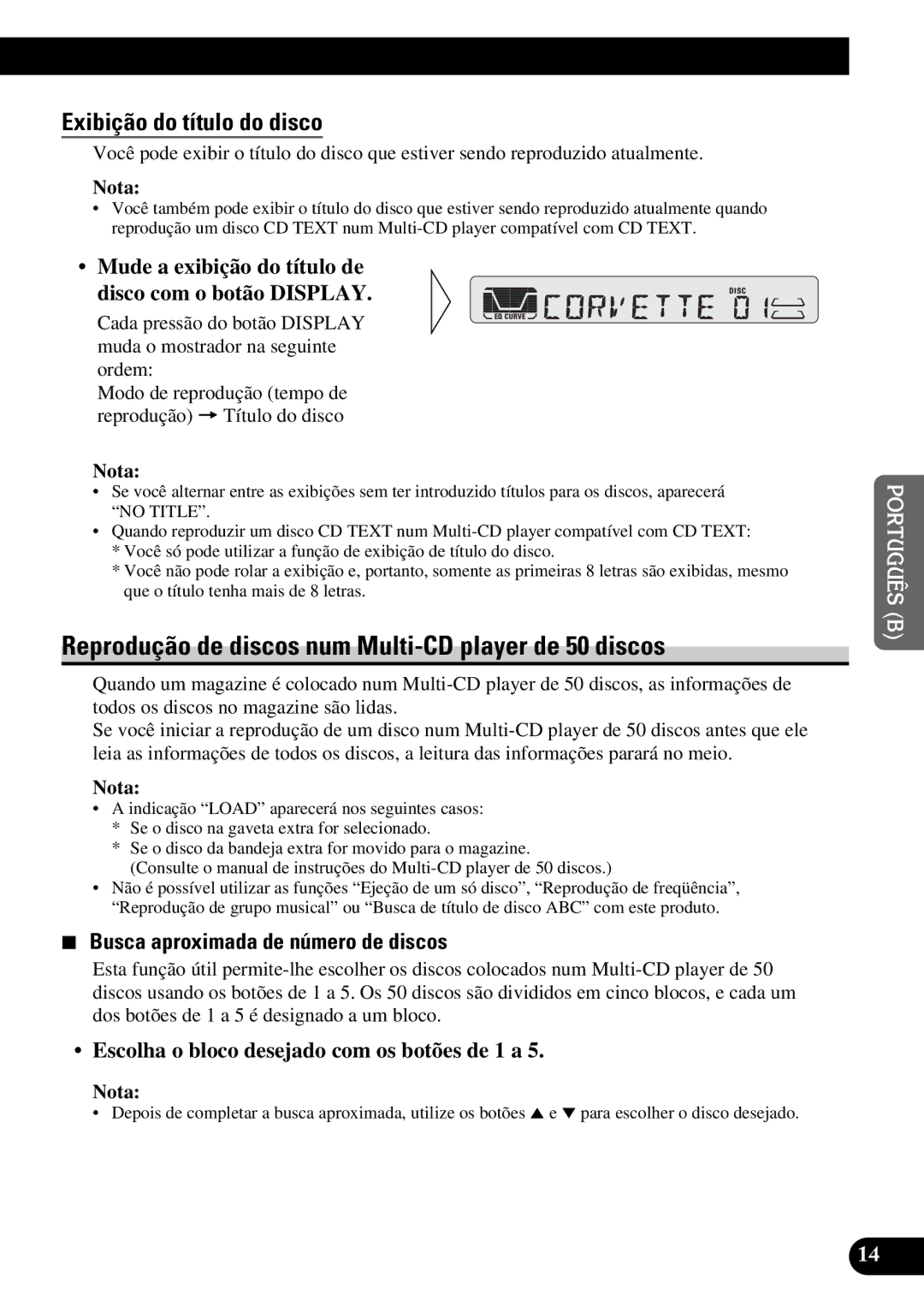 Pioneer KEH-P4950 operation manual Reprodução de discos num Multi-CD player de 50 discos, Exibição do título do disco 