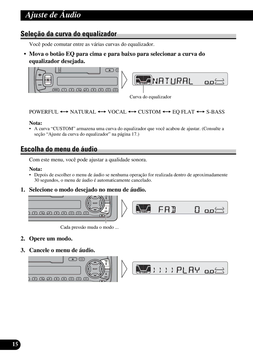 Pioneer KEH-P4950 operation manual Ajuste de Áudio, Seleção da curva do equalizador, Escolha do menu de áudio 