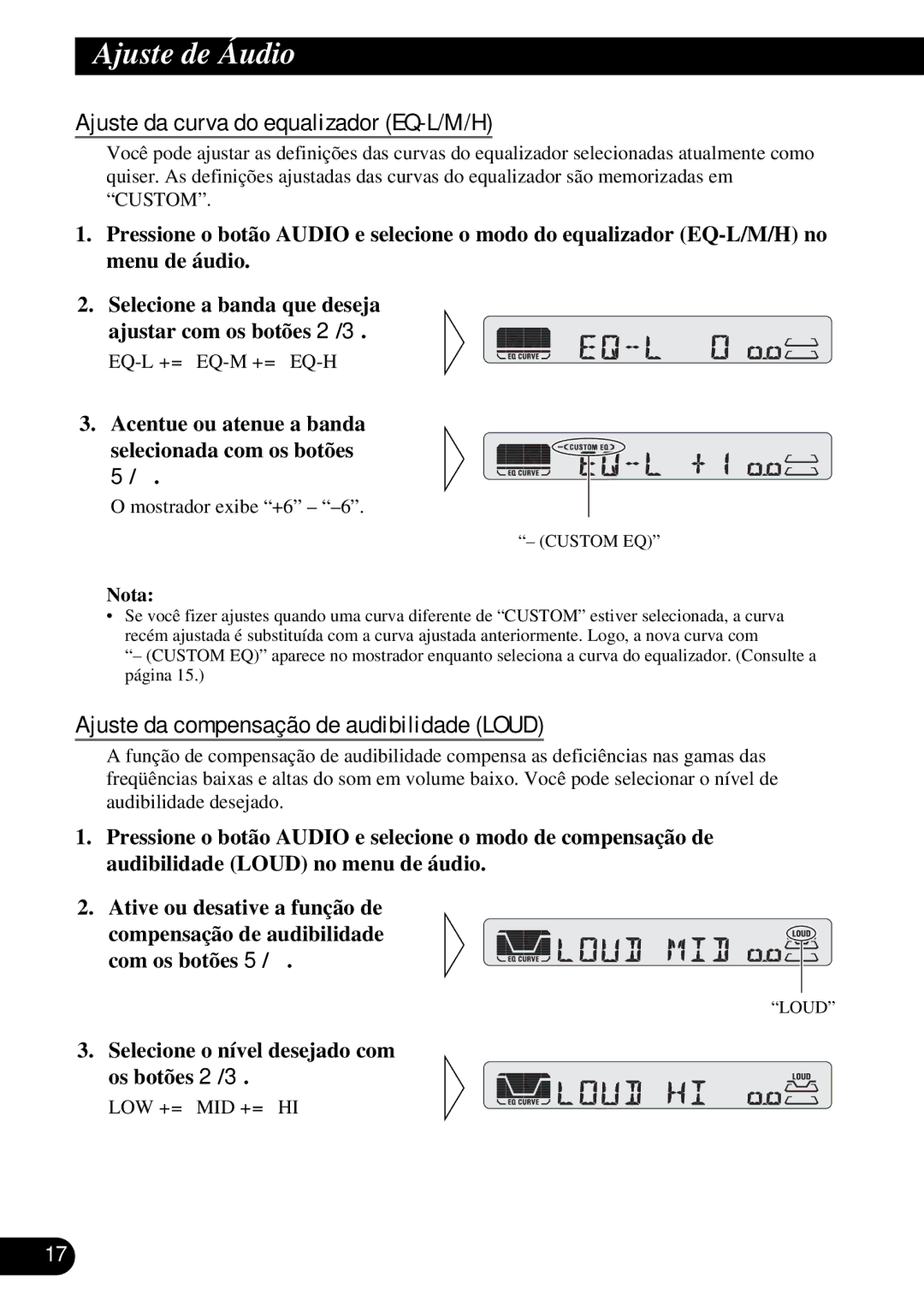 Pioneer KEH-P4950 operation manual Ajuste da curva do equalizador EQ-L/M/H, Ajuste da compensação de audibilidade Loud 