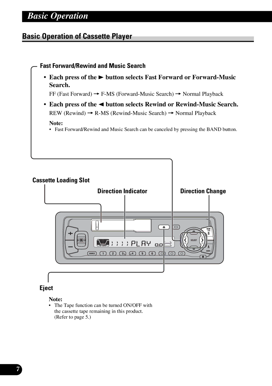 Pioneer KEH-P4950 operation manual Basic Operation of Cassette Player, Fast Forward/Rewind and Music Search, Eject 