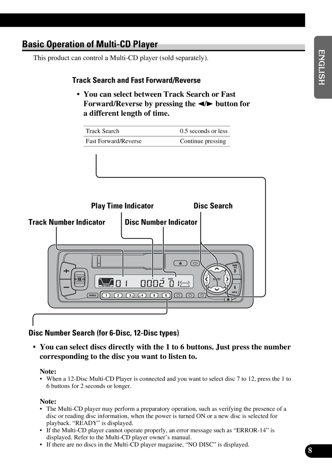 Pioneer KEH-P4950 Basic Operation of Multi-CD Player, Track Search and Fast Forward/Reverse, Play Time Indicator 