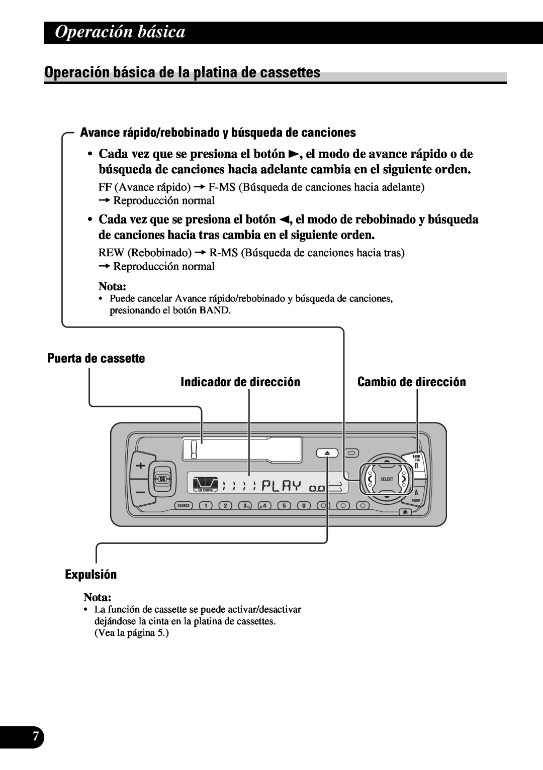Pioneer KEH-P4950 Operación básica de la platina de cassettes, Avance rápido/rebobinado y búsqueda de canciones, Expulsión 