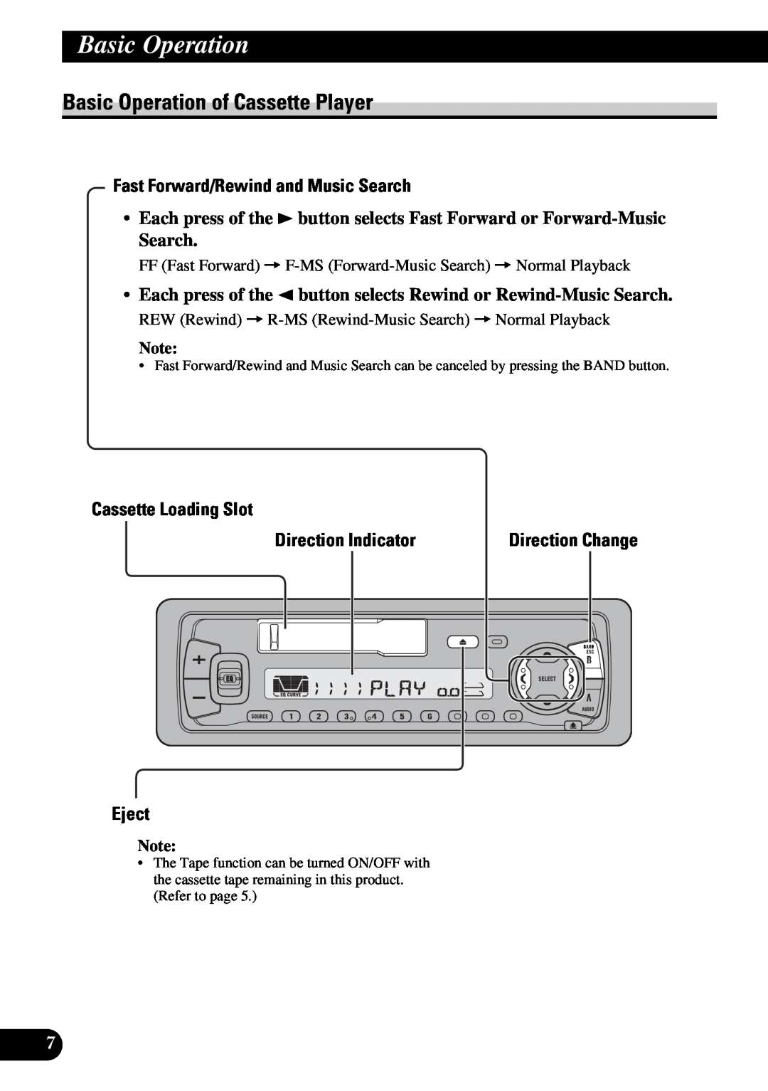 Pioneer KEH-P4950 Basic Operation of Cassette Player, Fast Forward/Rewind and Music Search, Cassette Loading Slot, Eject 