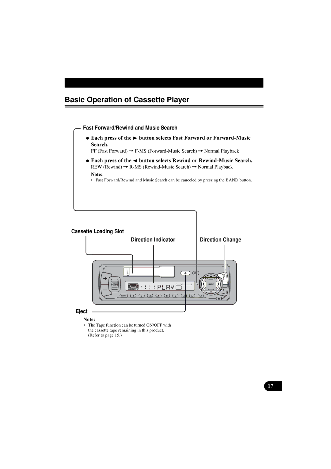 Pioneer KEH-P5900R manual Basic Operation of Cassette Player, Fast Forward/Rewind and Music Search, Eject 