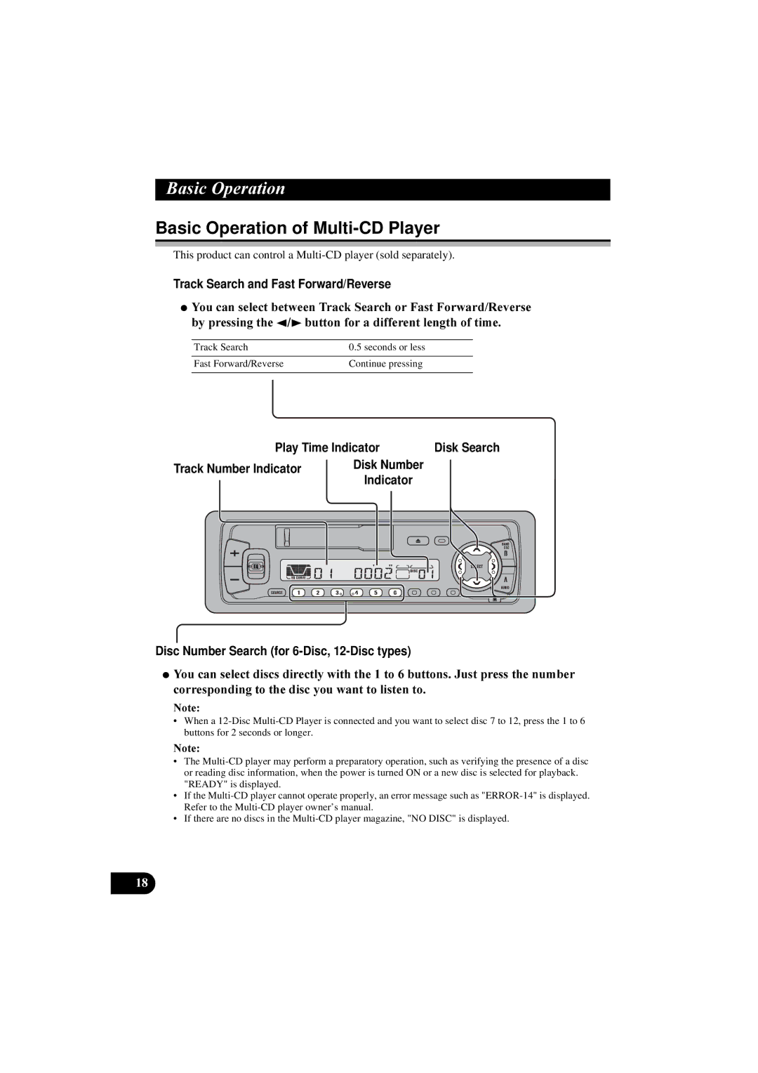 Pioneer KEH-P5900R manual Basic Operation of Multi-CD Player, Track Search and Fast Forward/Reverse 