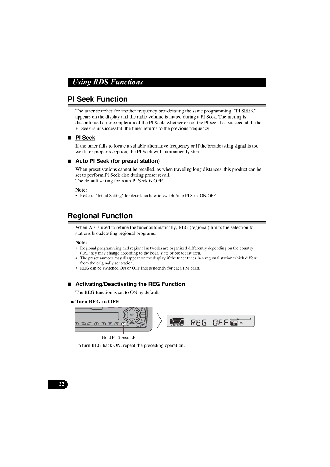 Pioneer KEH-P5900R manual PI Seek Function, Regional Function, Auto PI Seek for preset station 