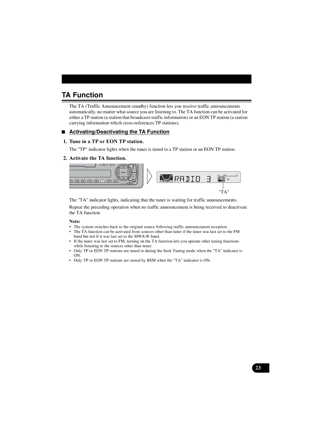 Pioneer KEH-P5900R manual Activating/Deactivating the TA Function,  $FWLYDWHWKH7$IXQFWLRQ 