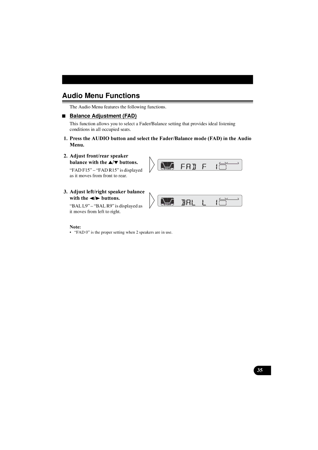 Pioneer KEH-P5900R manual Audio Menu Functions, Balance Adjustment FAD 