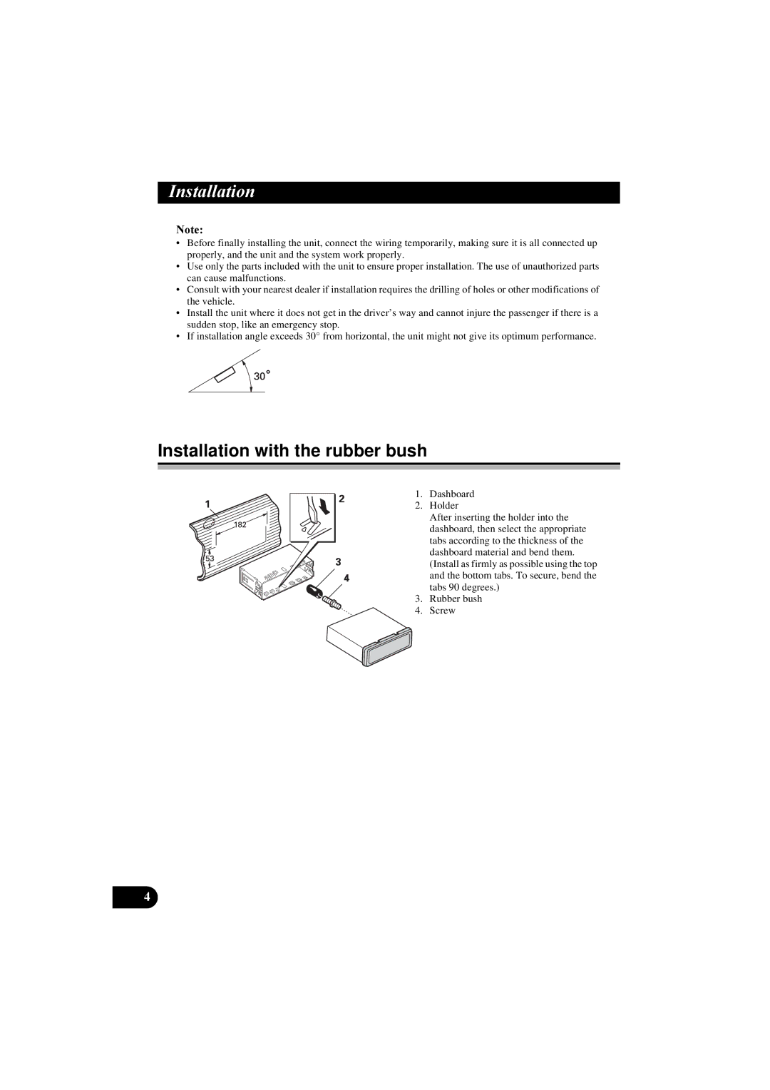 Pioneer KEH-P5900R manual Qvwdoodwlrq, Installation with the rubber bush 