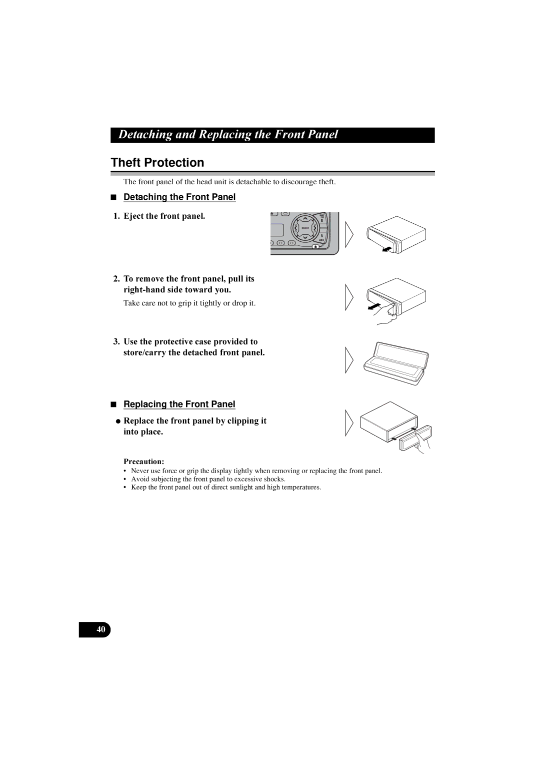 Pioneer KEH-P5900R manual Theft Protection, Detaching the Front Panel,  MhfwWkhIurqwSdqho, Replacing the Front Panel 