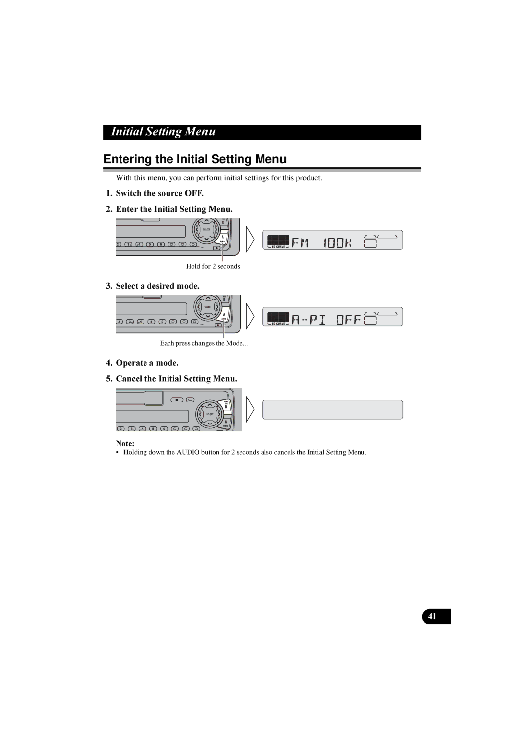 Pioneer KEH-P5900R manual QLWLDO6HWWLQJ0HQX, Entering the Initial Setting Menu,  6HOHFWDGHVLUHGPRGH 