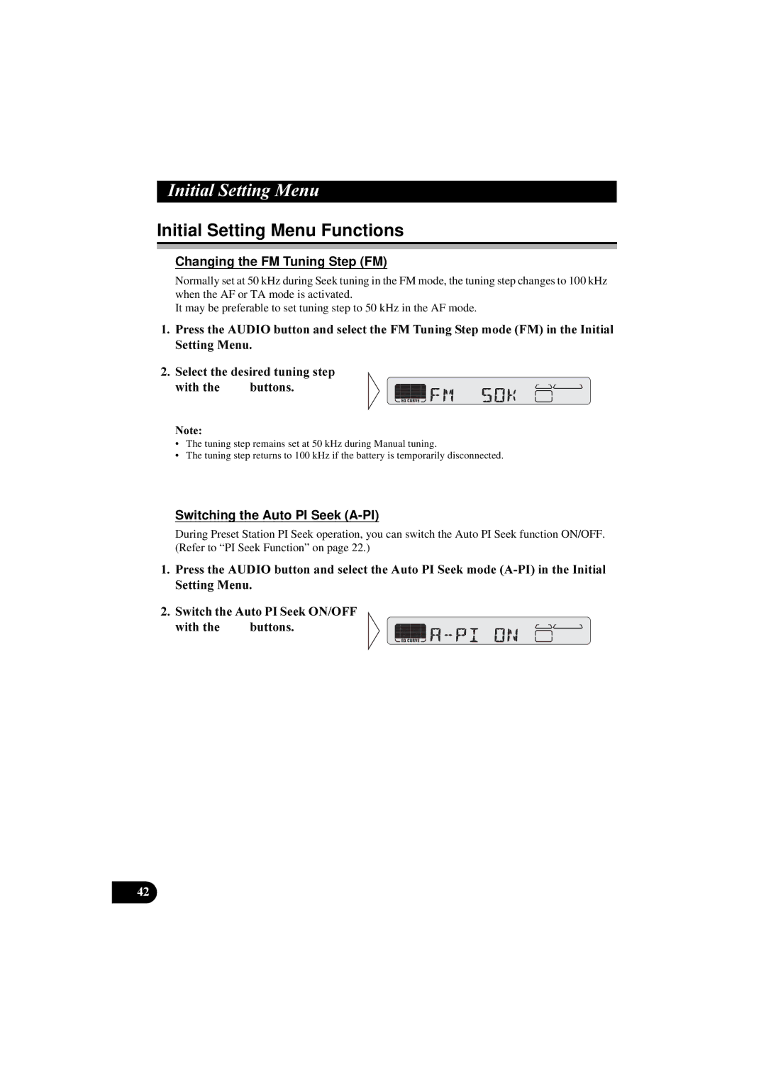 Pioneer KEH-P5900R manual Initial Setting Menu Functions, Changing the FM Tuning Step FM, Switching the Auto PI Seek A-PI 