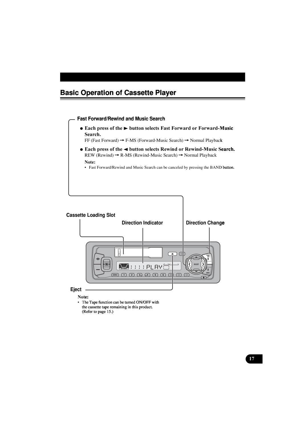 Pioneer KEH-P5900R Basic Operation of Cassette Player, Fast Forward/Rewind and Music Search, Cassette Loading Slot, Eject 