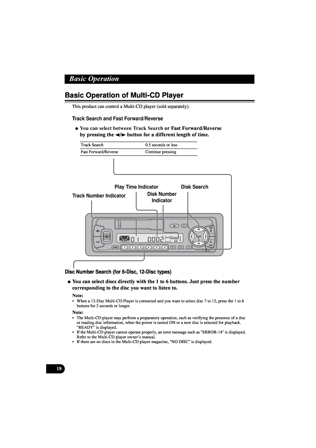 Pioneer KEH-P5900R manual Basic Operation of Multi-CD Player, Track Search and Fast Forward/Reverse, Track Number Indicator 