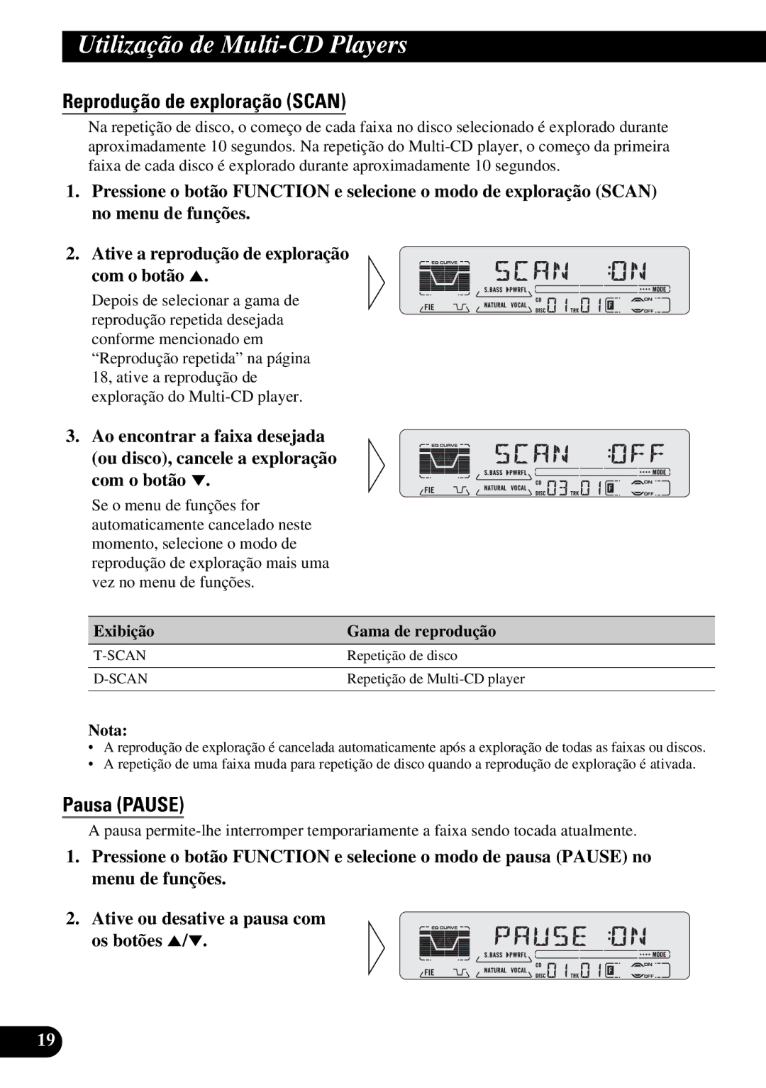 Pioneer KEH-P5950 operation manual Reprodução de exploração Scan, Pausa Pause 