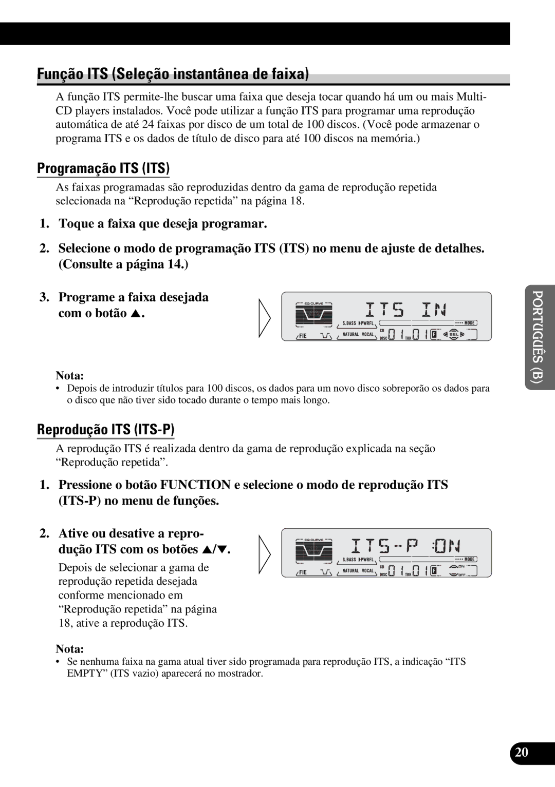 Pioneer KEH-P5950 operation manual Função ITS Seleção instantânea de faixa, Programação ITS ITS, Reprodução ITS ITS-P 