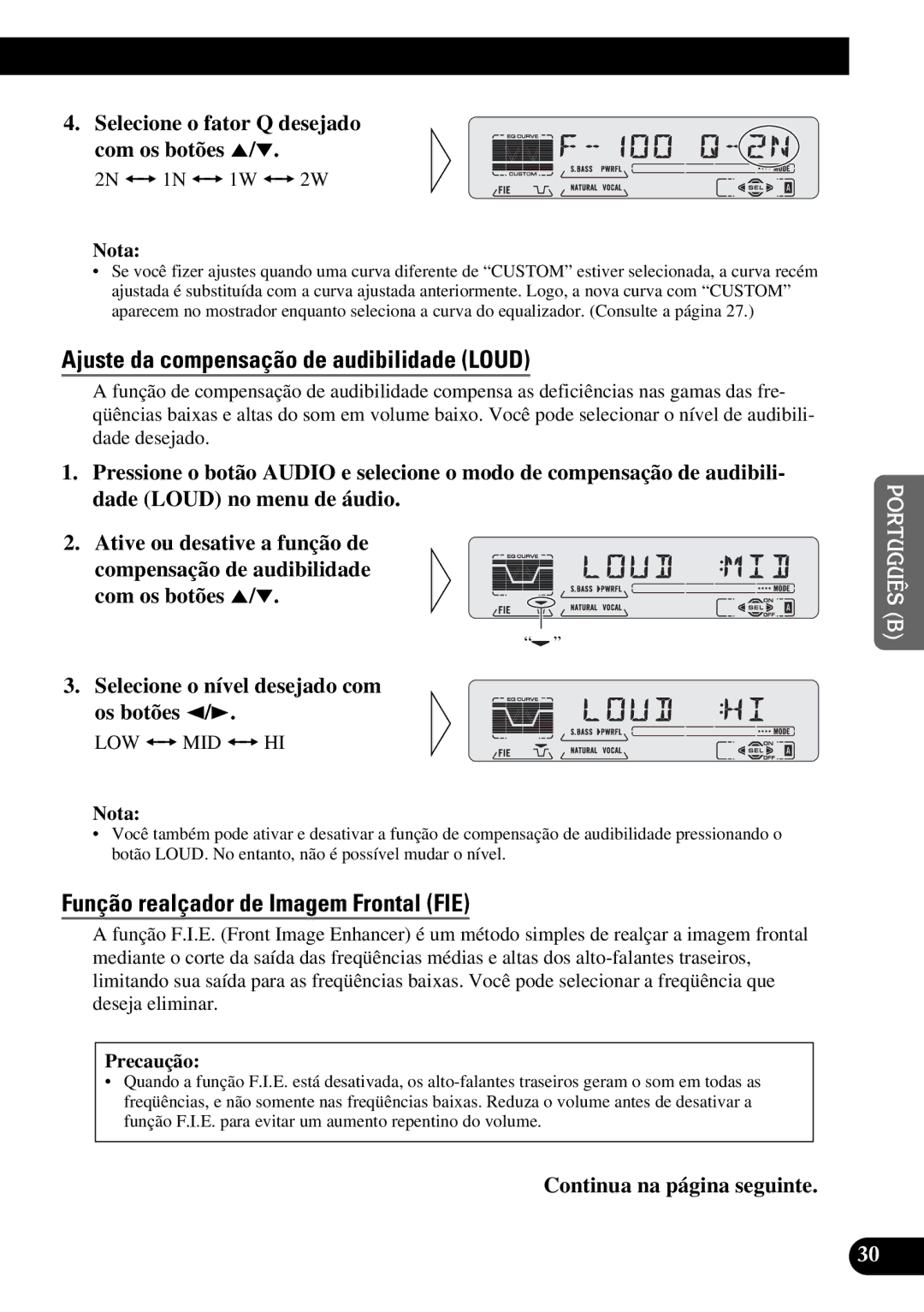 Pioneer KEH-P5950 operation manual Ajuste da compensação de audibilidade Loud, Função realçador de Imagem Frontal FIE 