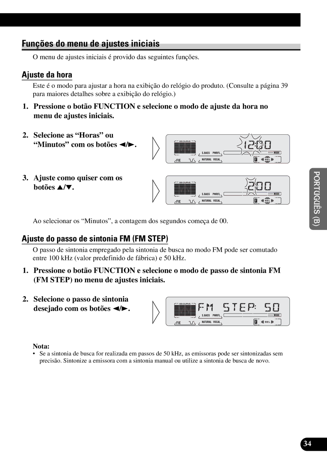 Pioneer KEH-P5950 Funções do menu de ajustes iniciais, Ajuste da hora, Ajuste do passo de sintonia FM FM Step 