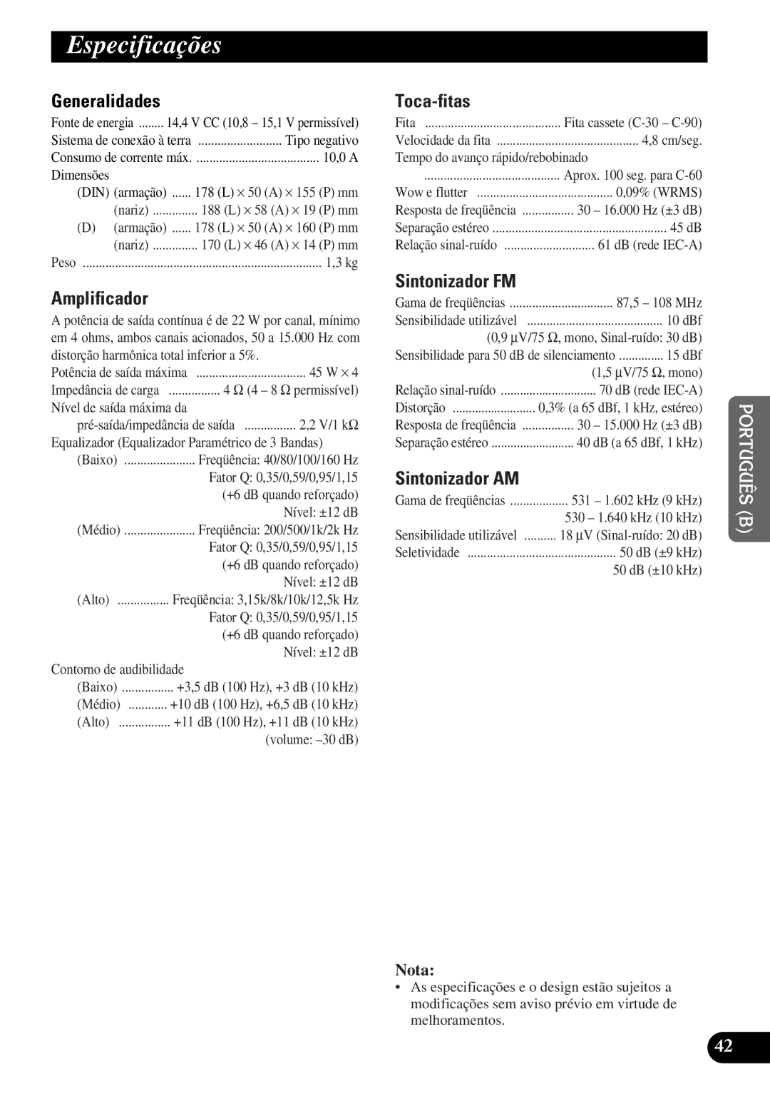 Pioneer KEH-P5950 operation manual Especificações, Generalidades, Toca-fitas 