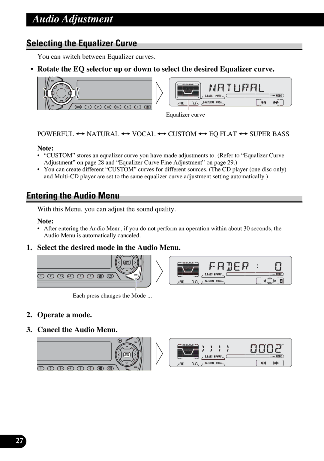 Pioneer KEH-P5950 operation manual Audio Adjustment, Selecting the Equalizer Curve, Entering the Audio Menu 