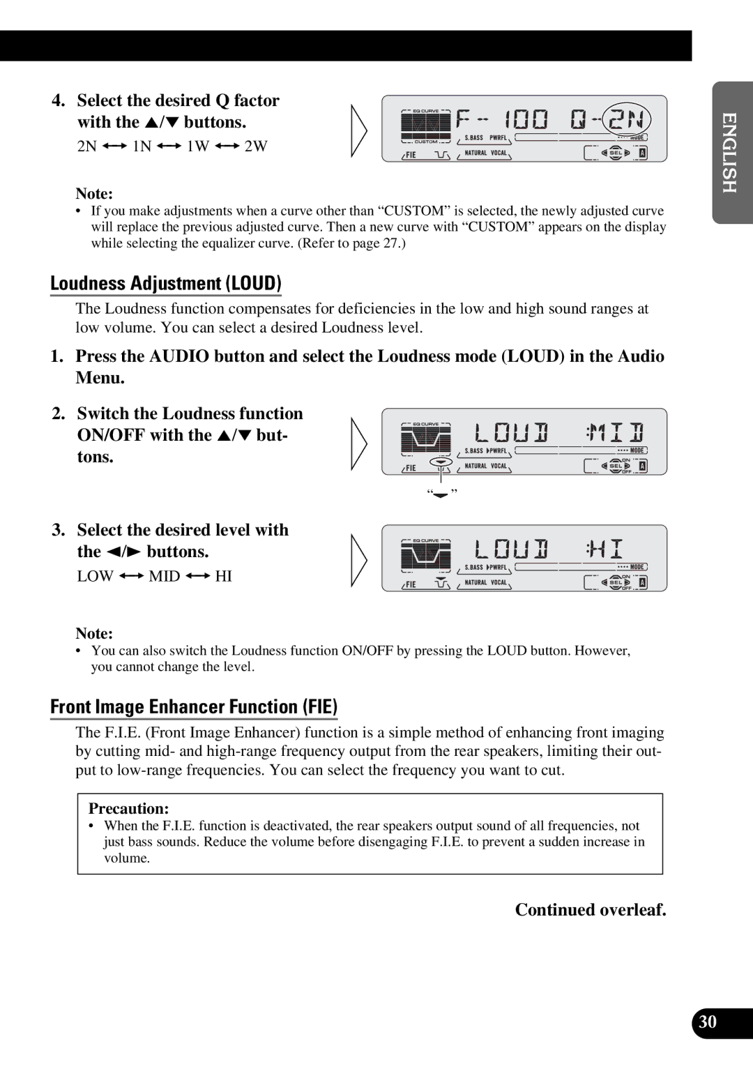 Pioneer KEH-P5950 operation manual Loudness Adjustment Loud, Front Image Enhancer Function FIE 