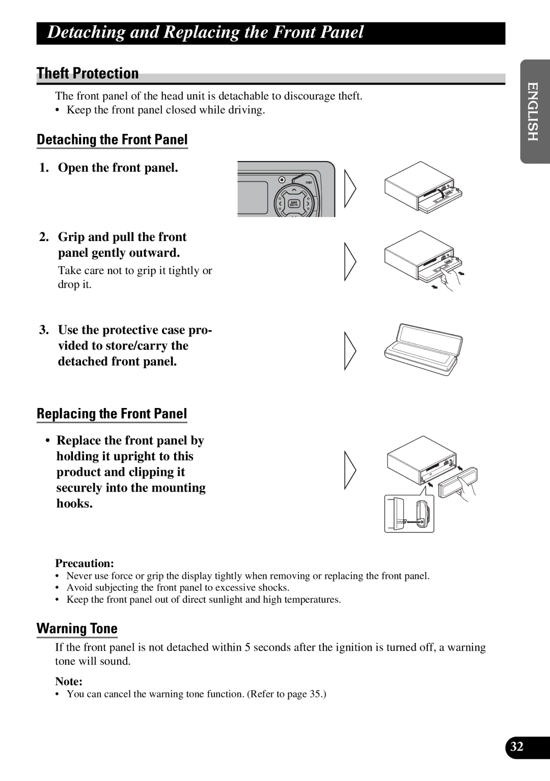 Pioneer KEH-P5950 operation manual Detaching and Replacing the Front Panel, Theft Protection, Detaching the Front Panel 