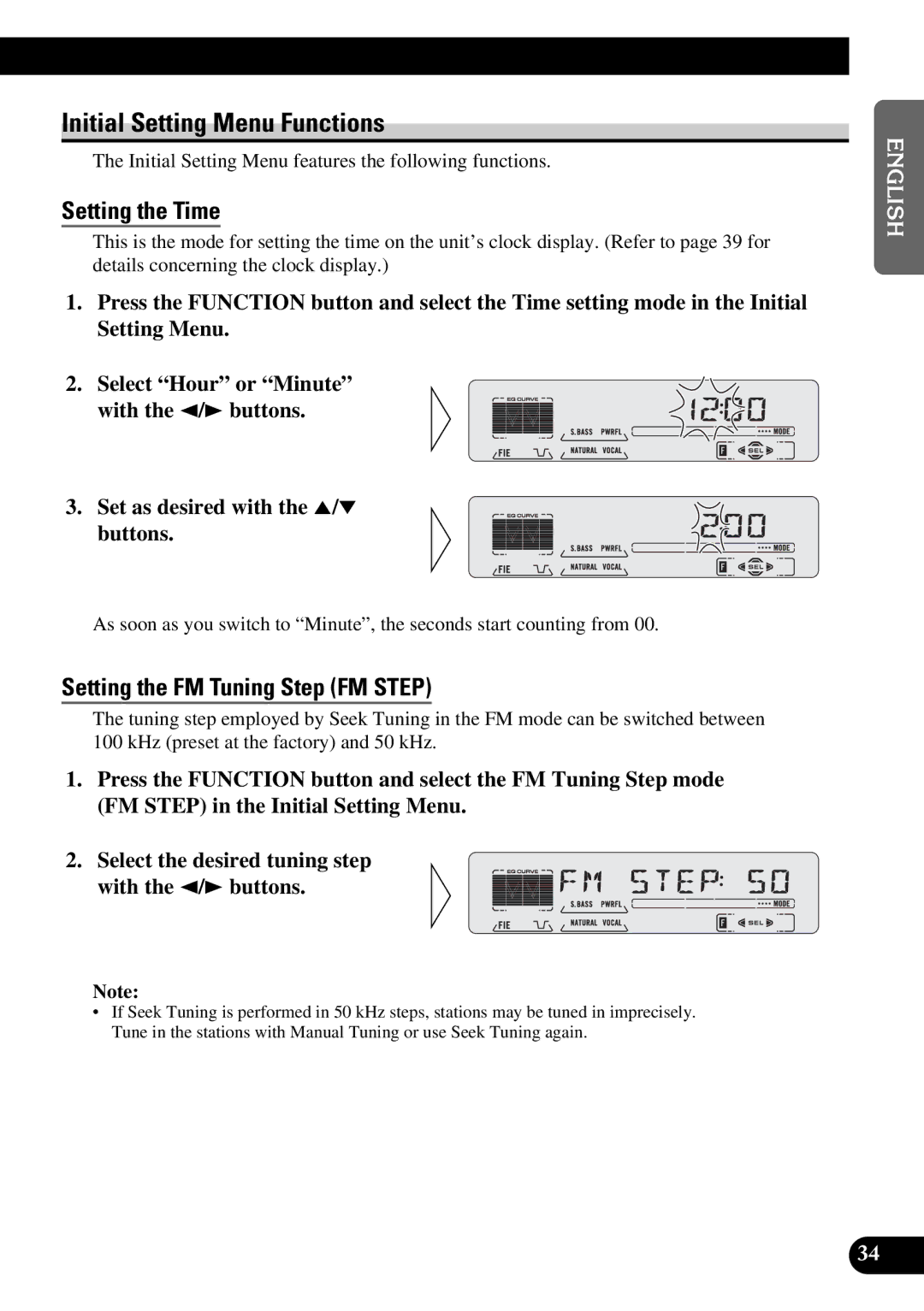 Pioneer KEH-P5950 operation manual Initial Setting Menu Functions, Setting the Time, Setting the FM Tuning Step FM Step 