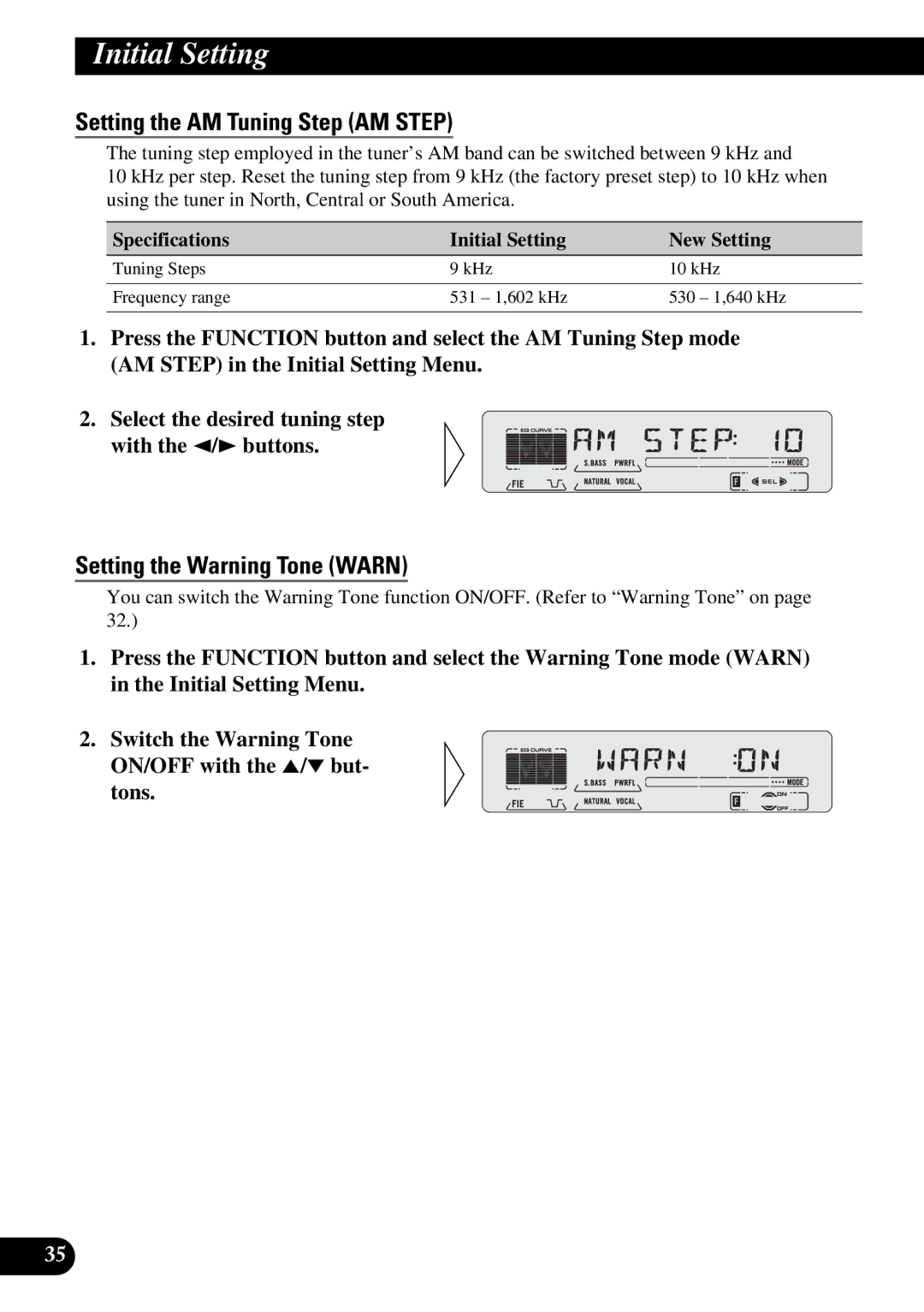 Pioneer KEH-P5950 operation manual Setting the AM Tuning Step AM Step, Setting the Warning Tone Warn 