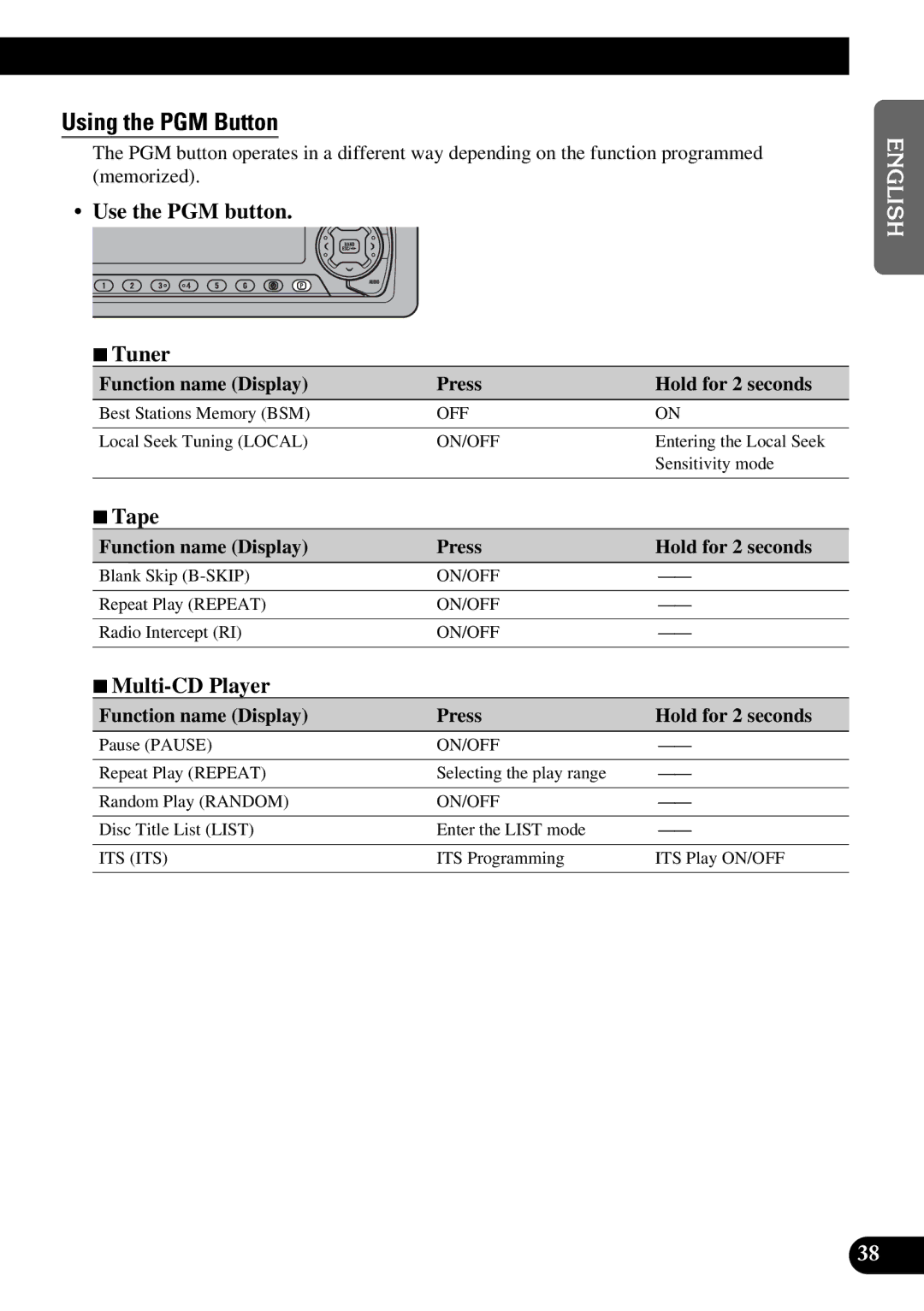 Pioneer KEH-P5950 operation manual Using the PGM Button, Use the PGM button 7Tuner, 7Tape 