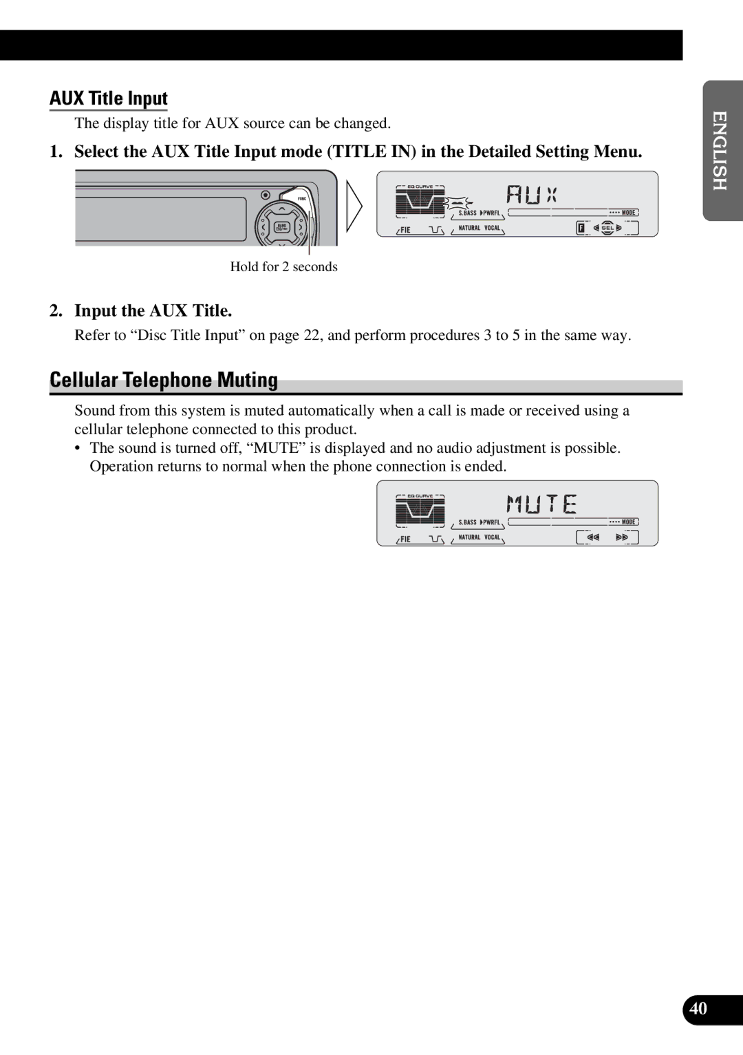 Pioneer KEH-P5950 operation manual Cellular Telephone Muting, AUX Title Input, Input the AUX Title 