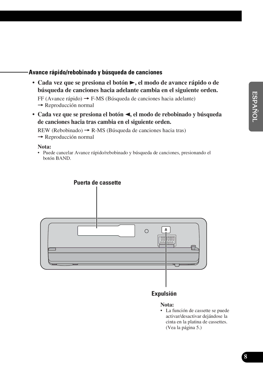 Pioneer KEH-P5950 operation manual Avance rápido/rebobinado y búsqueda de canciones, Puerta de cassette Expulsión 