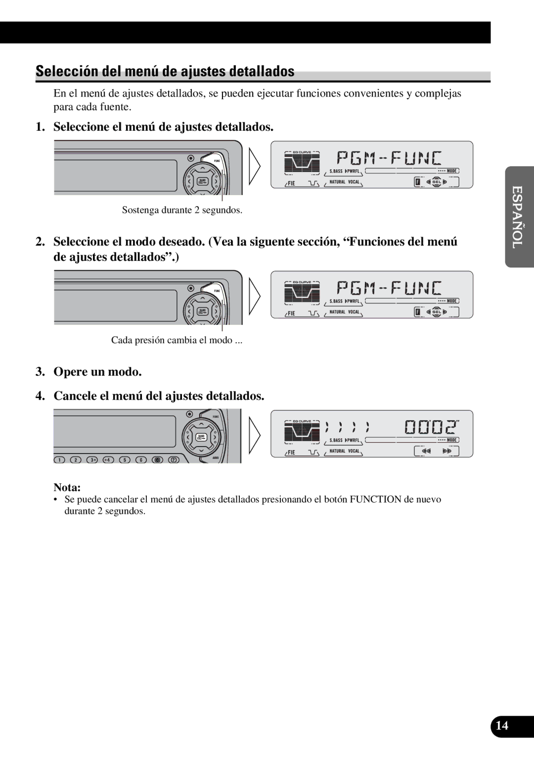 Pioneer KEH-P5950 operation manual Selección del menú de ajustes detallados, Seleccione el menú de ajustes detallados 