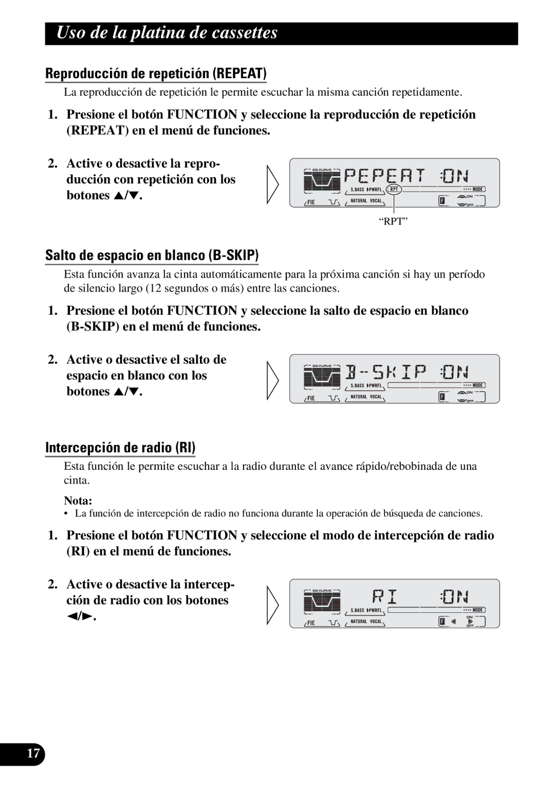 Pioneer KEH-P5950 Uso de la platina de cassettes, Reproducción de repetición Repeat, Salto de espacio en blanco B-SKIP 