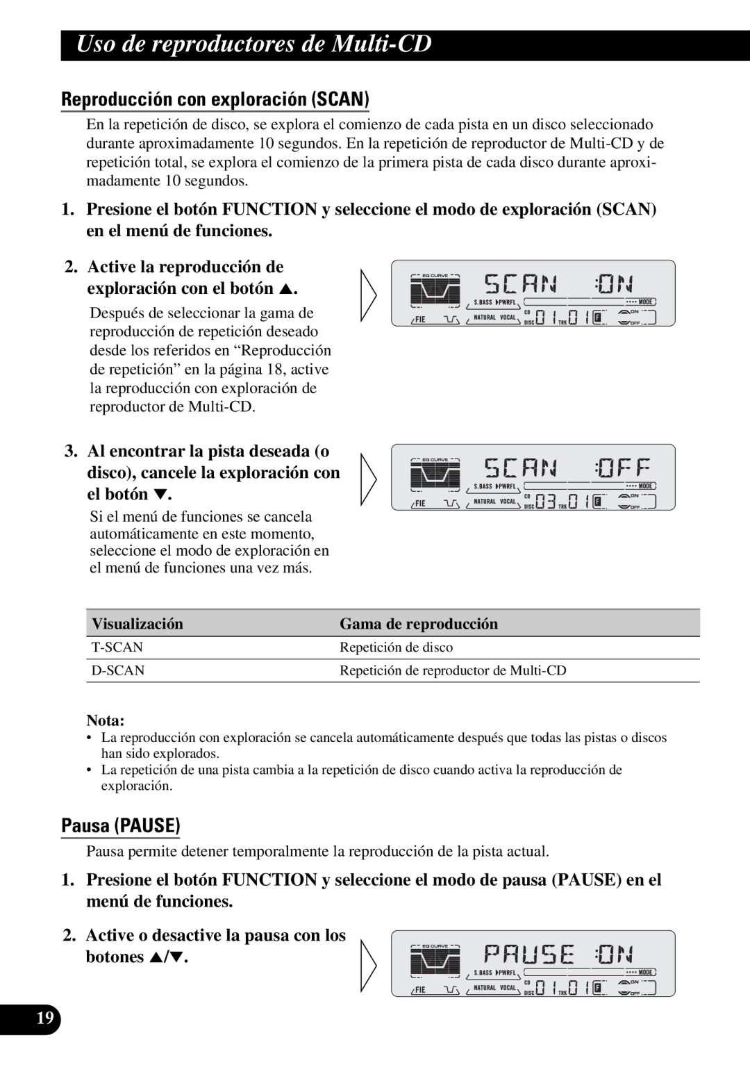 Pioneer KEH-P5950 operation manual Reproducción con exploración Scan, Pausa Pause 