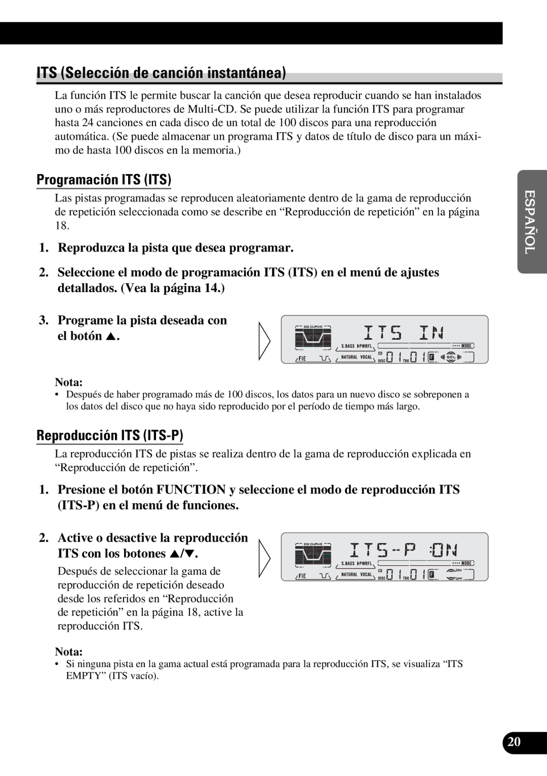 Pioneer KEH-P5950 operation manual ITS Selección de canción instantánea, Programación ITS ITS, Reproducción ITS ITS-P 