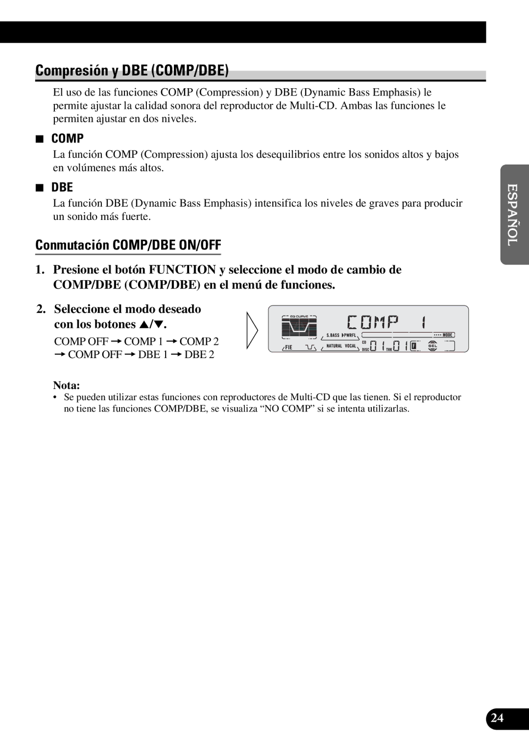 Pioneer KEH-P5950 operation manual Compresión y DBE COMP/DBE, Conmutación COMP/DBE ON/OFF 