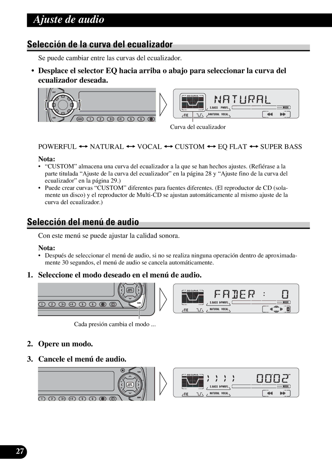 Pioneer KEH-P5950 operation manual Ajuste de audio, Selección de la curva del ecualizador, Selección del menú de audio 