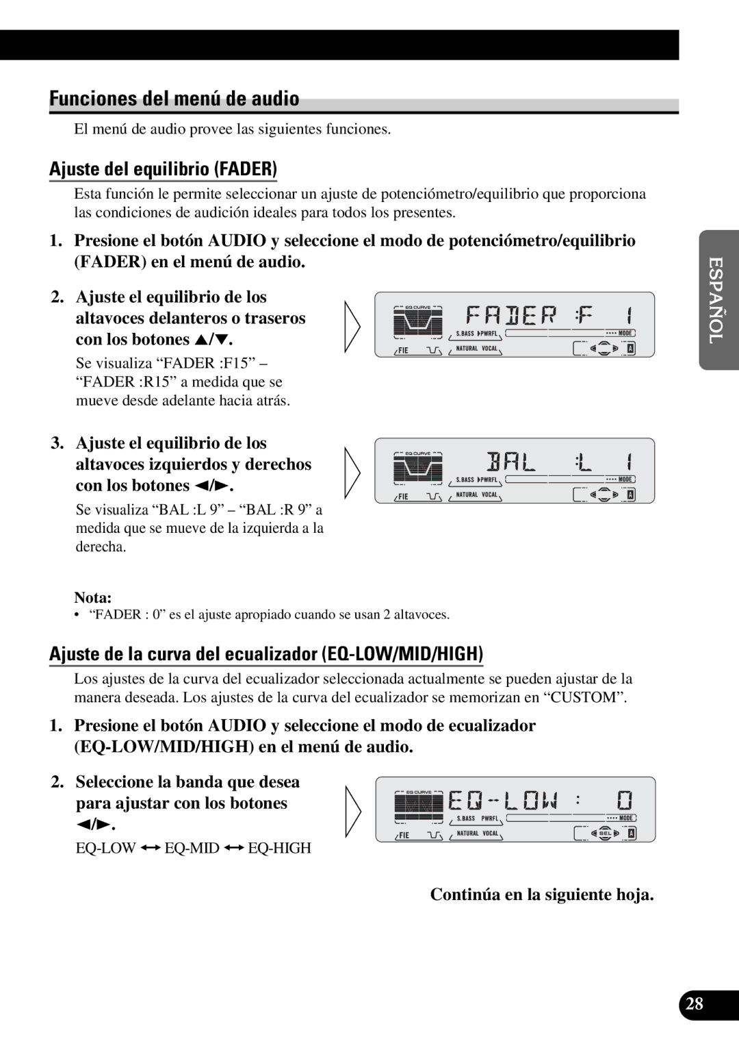 Pioneer KEH-P5950 operation manual Funciones del menú de audio, Ajuste del equilibrio Fader, Continúa en la siguiente hoja 