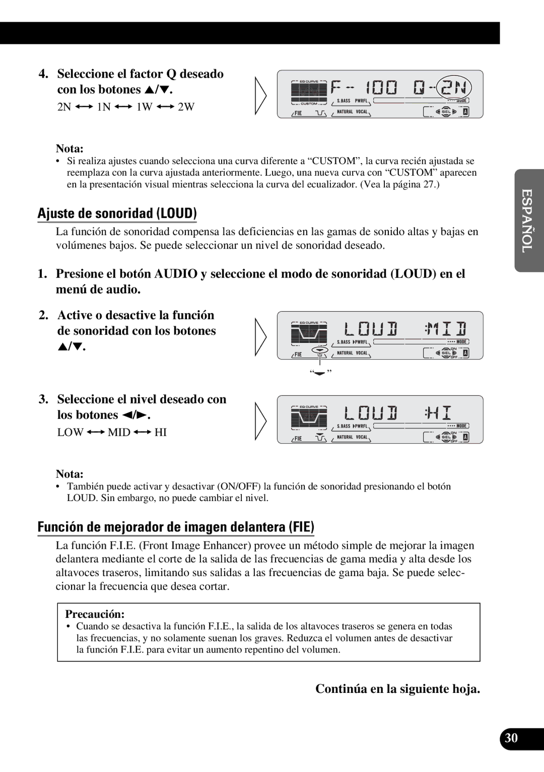 Pioneer KEH-P5950 operation manual Ajuste de sonoridad Loud, Función de mejorador de imagen delantera FIE 