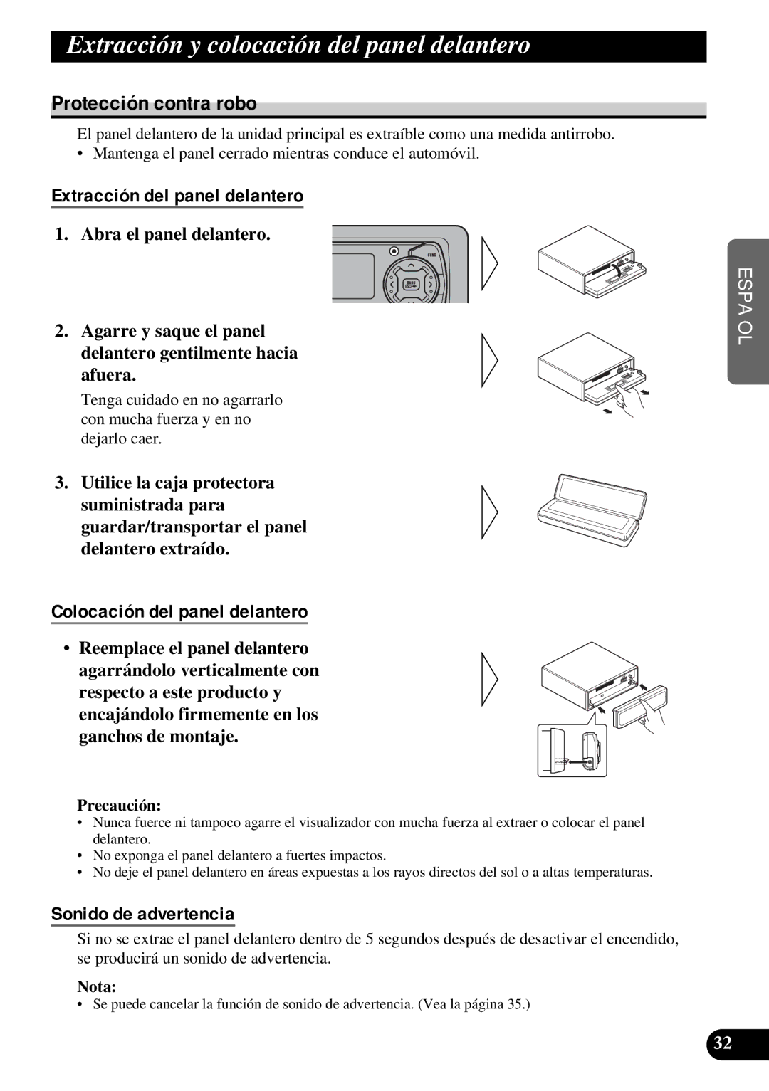 Pioneer KEH-P5950 Extracción y colocación del panel delantero, Protección contra robo, Extracción del panel delantero 