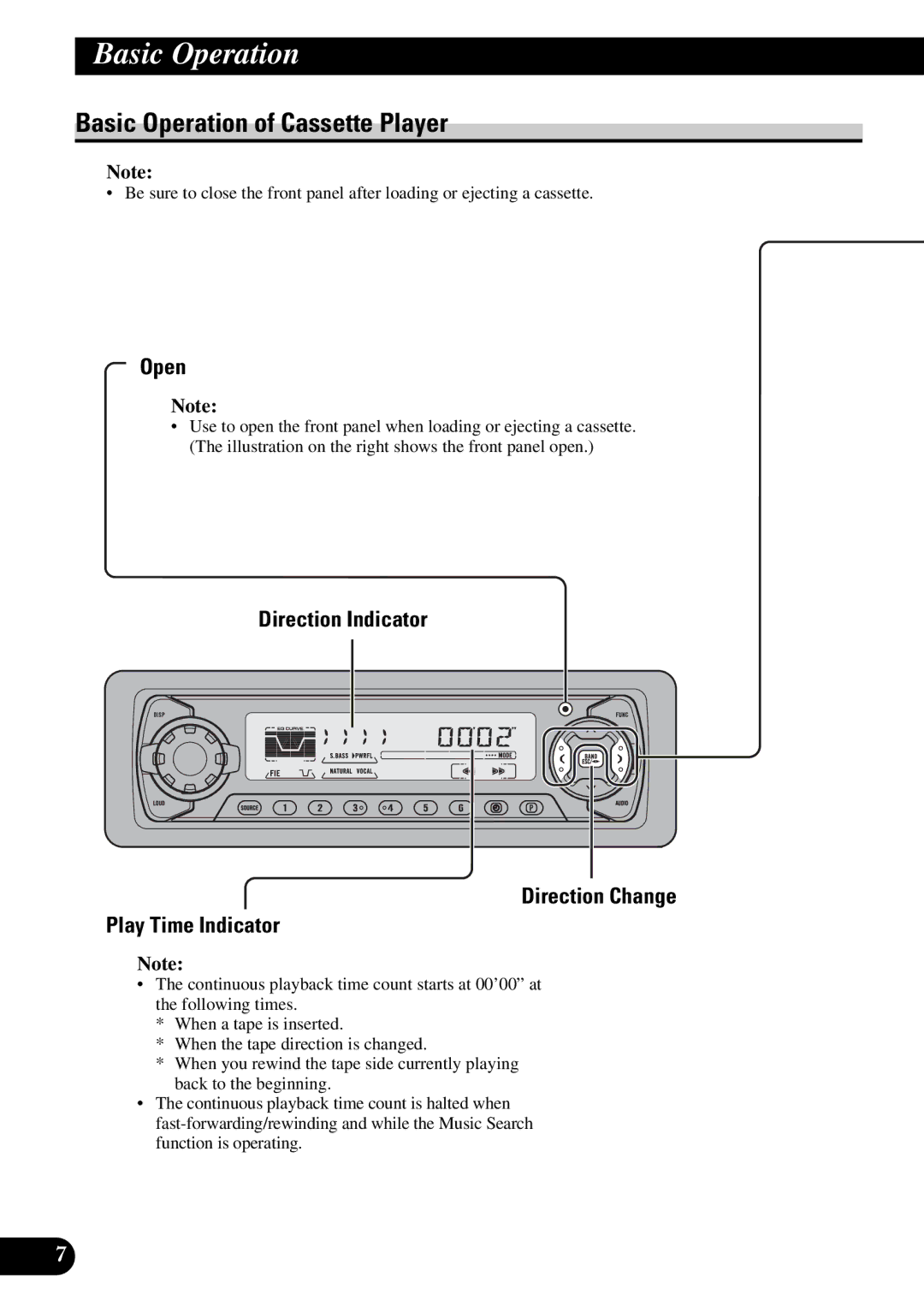 Pioneer KEH-P5950 Basic Operation of Cassette Player, Open, Direction Indicator Direction Change Play Time Indicator 