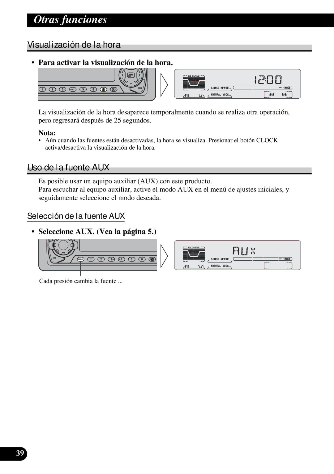 Pioneer KEH-P5950 operation manual Visualización de la hora, Uso de la fuente AUX, Selección de la fuente AUX 