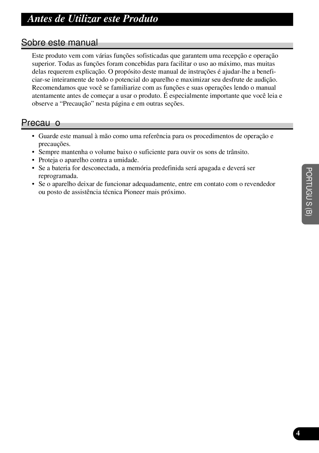 Pioneer KEH-P5950 operation manual Antes de Utilizar este Produto, Precaução 