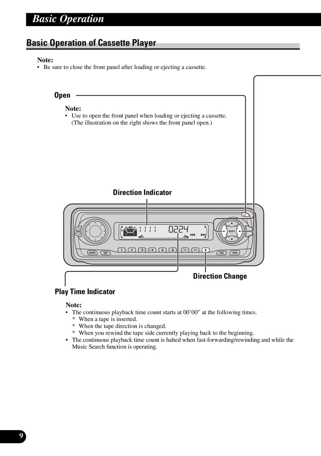 Pioneer KEH-P6010R Basic Operation of Cassette Player, Open, Direction Indicator Direction Change Play Time Indicator 